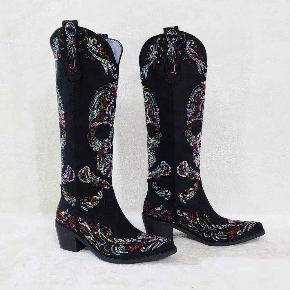 NIB MUERTO Goth Western Cowgirl Boots Sparkling Iridescent Rhinestones Skull - Picture 3 of 16